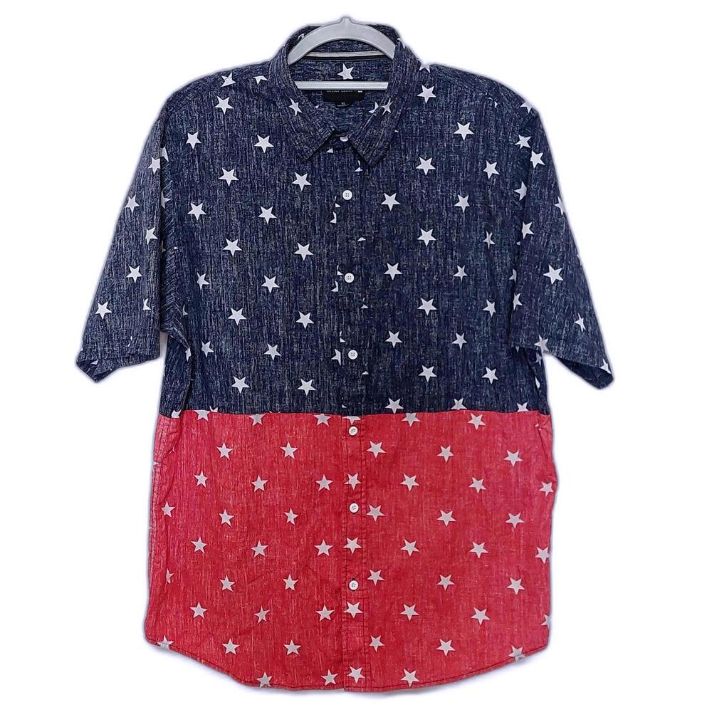 OCEAN CURRENT RED BLUE STARS COTTON BUTTON DOWN SHORT SLEEVE SHIRT‎ MENS XL